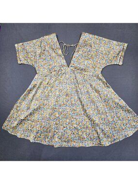 Anthropologie En Creme Yellow Floral Satin Dress S Short Sleeves V-Neck Boho